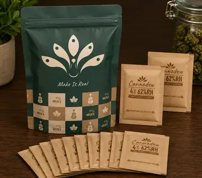 Kraft paper humidity control packs beside a resealable storage pouch