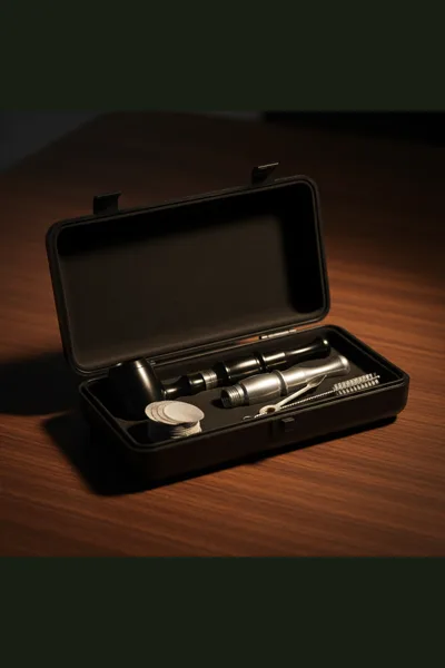 Two aluminum pipes in an open case with tool, filters and brush