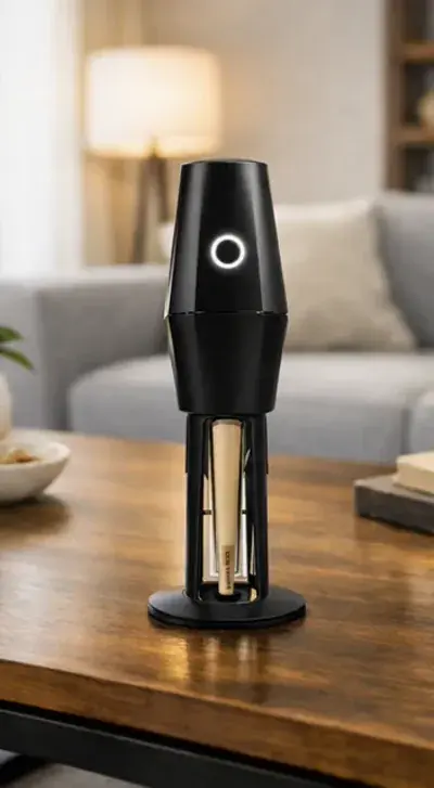 Upright black electric herb grinder on a wooden coffee table, a cone seated in its holder beneath