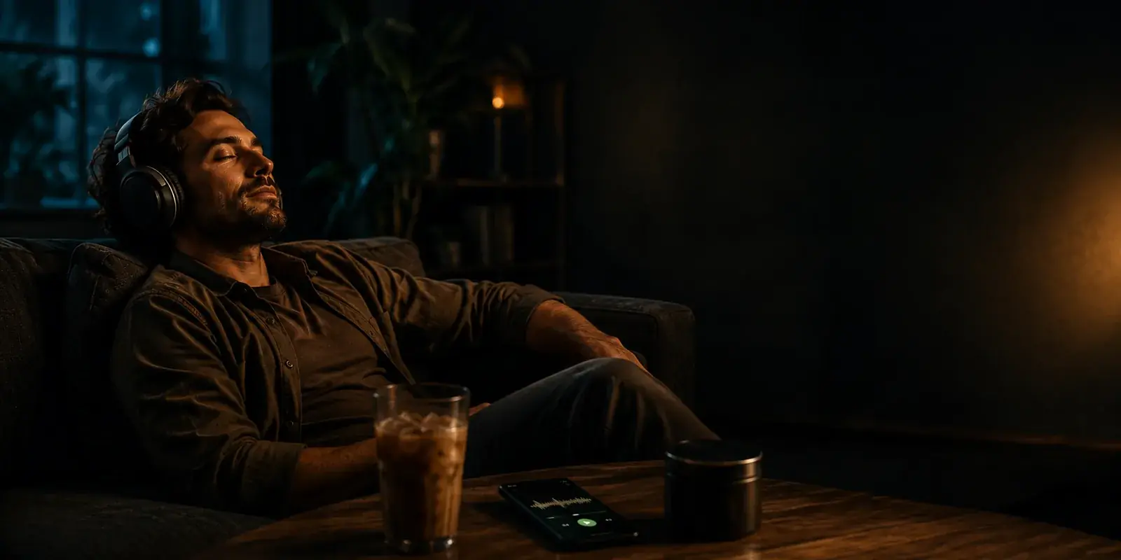 A man in his thirties reclining on a dark sofa with over-ear headphones on, eyes closed, beside a low table holding an iced coffee, a closed storage jar and a phone showing an audio player