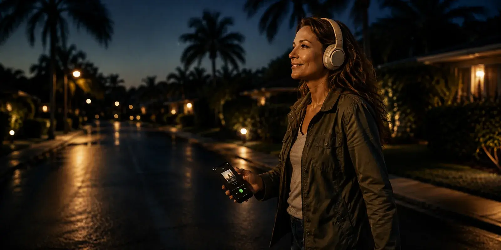 A woman in her forties walking a dark street at dusk wearing over-ear headphones, a phone in her hand showing an audio player