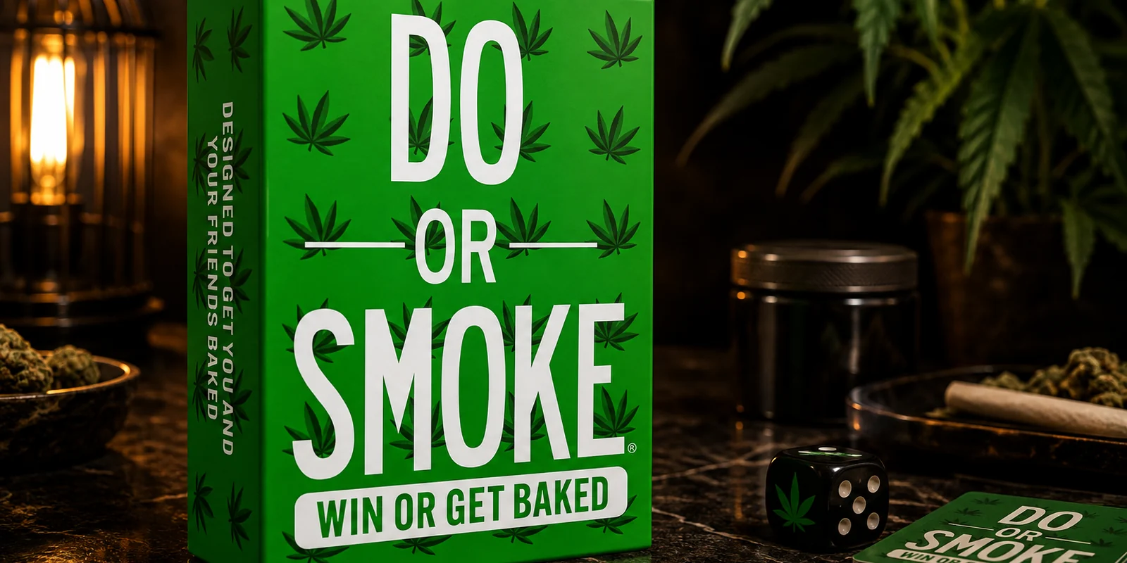 Do or Smoke party game box standing on dark marble beside its card deck, a leaf-marked die and a storage jar, warm lantern to the left