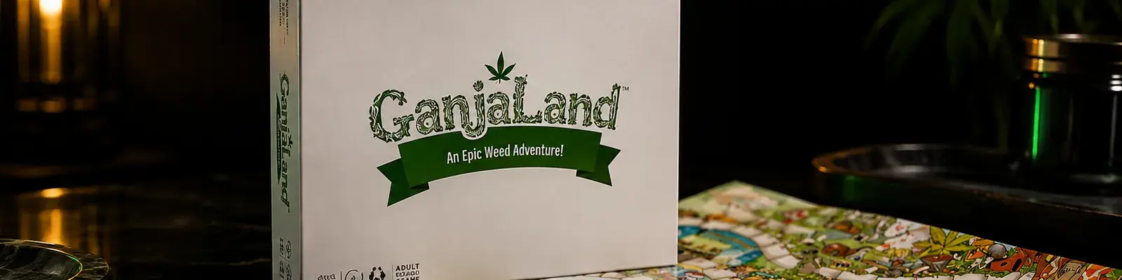 Ganjaland board game box standing beside its unrolled board, wide banner on dark marble