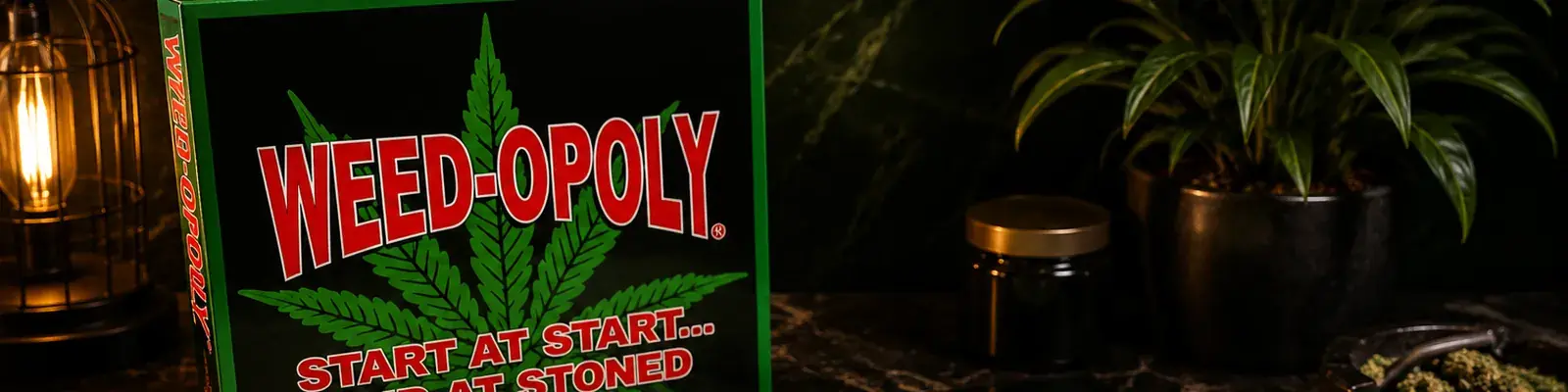 Weed-Opoly box beside its circular board and playing pieces, wide banner on dark marble