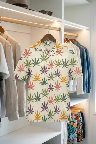 Cream Hawaiian shirt with an all-over muted leaf print