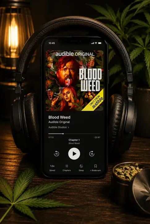 A phone propped against black over-ear headphones on a dark wooden table, its screen showing the Blood Weed audio drama in a player with illustrated cover art, a progress bar and a play button