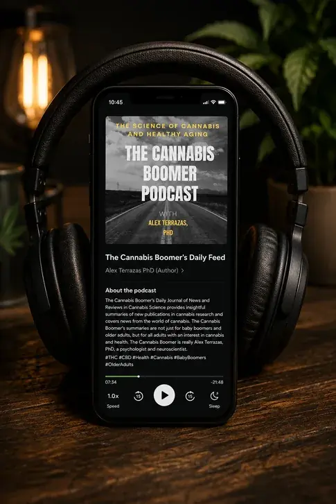 A phone propped against black over-ear headphones on a dark wooden table, its screen showing The Cannabis Boomer's Daily Feed in a podcast player with artwork, a progress bar and a play button