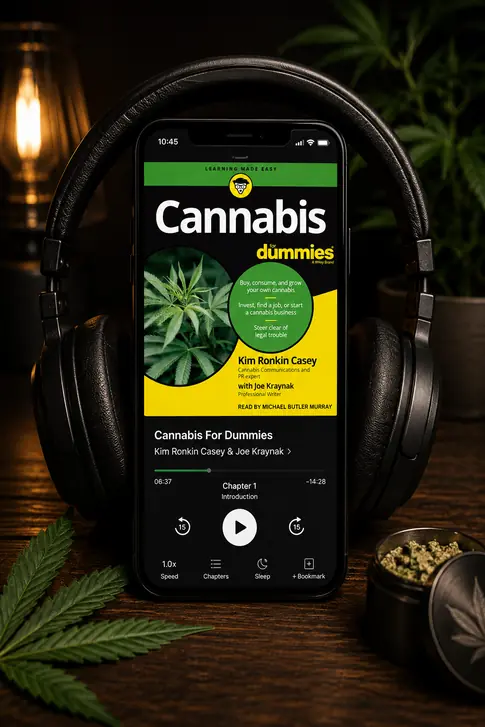 A phone propped against black over-ear headphones on a dark wooden table, its screen showing the Cannabis for Dummies audiobook in a player with the yellow and black cover, a progress bar and a play button