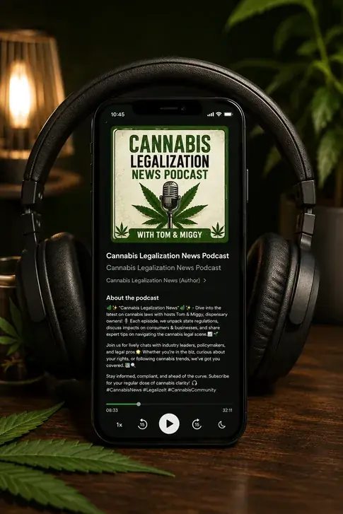 A phone propped against black over-ear headphones on a dark wooden table, its screen showing the Cannabis Legalization News Podcast in a player with artwork, a progress bar and a play button