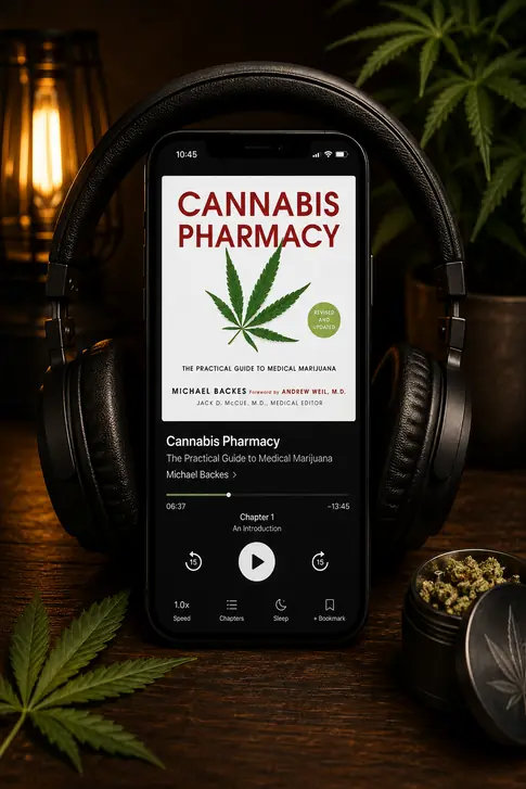 A phone propped against black over-ear headphones on a dark wooden table, its screen showing the Cannabis Pharmacy audiobook in a player with the book cover, a progress bar and a play button