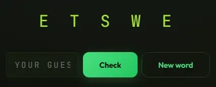 Word Jumble screen showing the scrambled letters E T S W E above a guess box