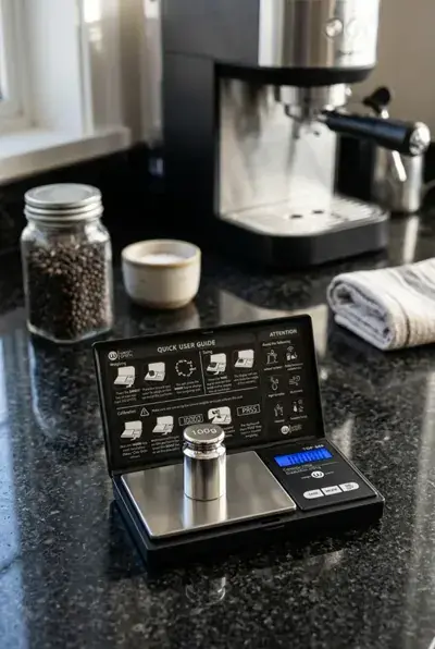 Small digital precision scale with its lid open