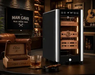 Compact climate-controlled storage cabinet with a glass door