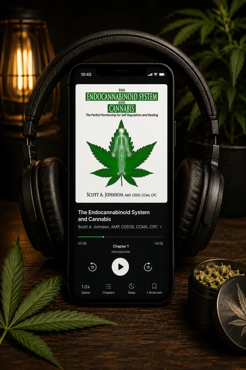 A phone propped against black over-ear headphones on a dark wooden table, its screen showing The Endocannabinoid System and Cannabis audiobook in a player with a green leaf cover, a progress bar and a play button