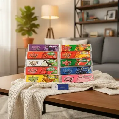 Ten slim rolling paper booklets in assorted colors