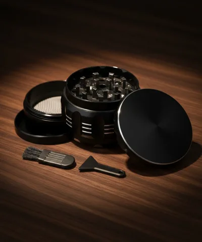 Four-piece aluminum grinder open to show its steel screen