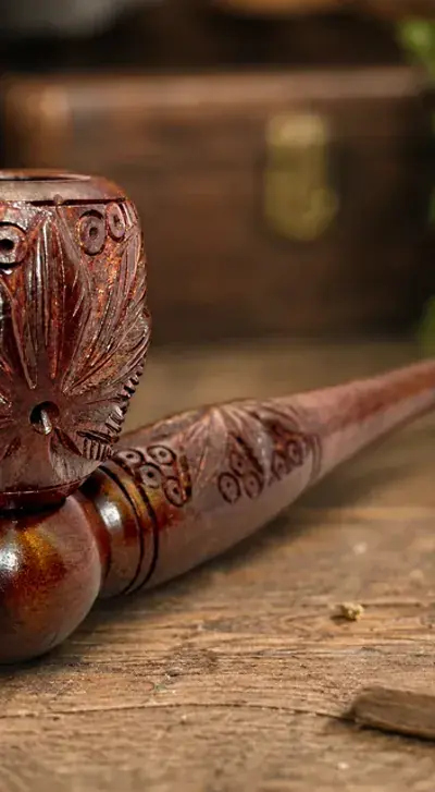 Hand-carved wooden pipe resting on a weathered wooden surface, carving detail across the bowl
