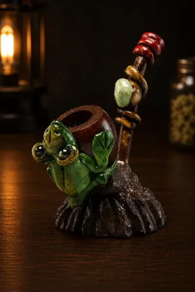 Handmade pipe with a painted green frog wrapped around a walnut bowl, mounted on a carved walnut base