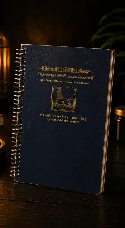 A navy spiral-bound HealthMinder Personal Wellness Journal standing upright on a dark wooden table beside a warm lantern