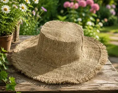 Wide-brim sun hat woven from natural hemp fiber