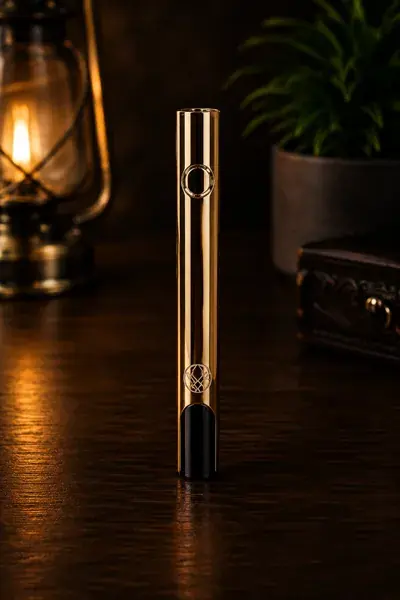 A slim gold cylindrical battery standing upright, small lit display panel on its face