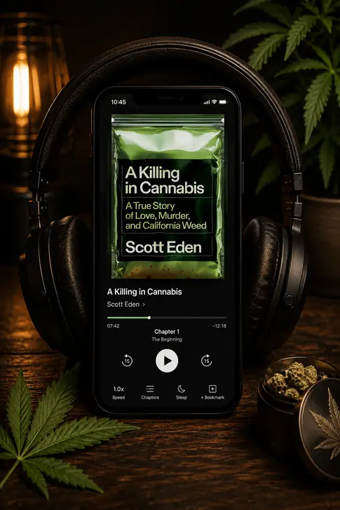 A phone propped against black over-ear headphones on a dark wooden table, its screen showing A Killing in Cannabis audiobook in a player with a green foil-bag cover, a progress bar and a play button