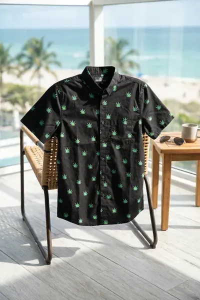 Short sleeve button-down shirt with all-over print