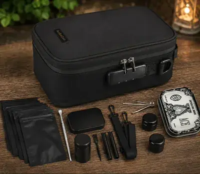 Large black lockable travel case with small storage jars and tins beside it