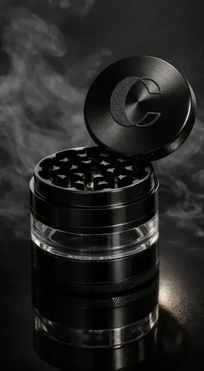 Four-piece black aluminum herb grinder with its magnetic lid propped open, showing the grinding teeth and the clear chamber below