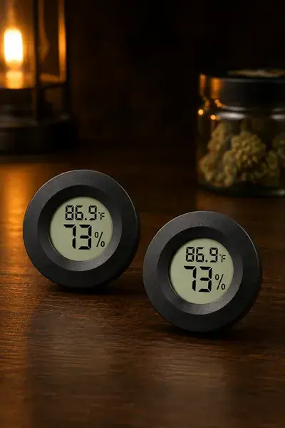 Small round digital humidity gauge beside a dark glass storage jar
