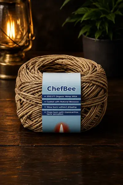 A spool of natural hemp wick with a loose length trailing from it