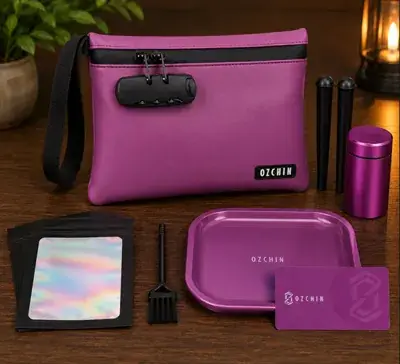 Flat soft lockable pouch with a tray, jar and resealable bags beside it