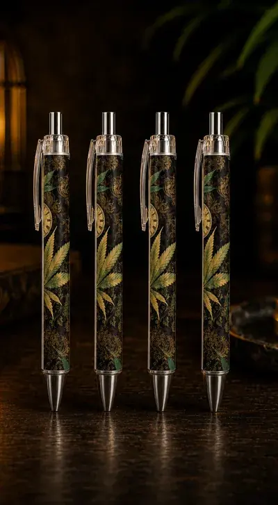 Four retractable pens with cannabis leaf and damask printed barrels, standing on a dark wooden surface under warm light