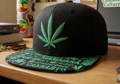 Flat bill snapback cap with embroidered leaf