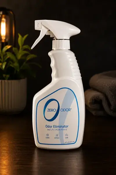 An unlabelled spray bottle of room odor eliminator on a dark surface