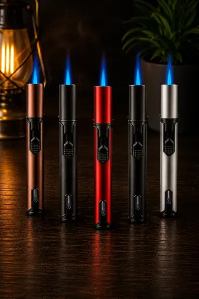 Five slim six-inch metal pencil torch lighters fanned out in different colors