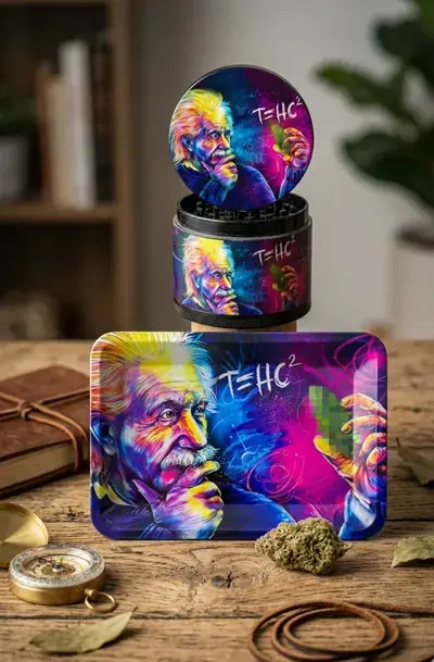 Printed metal rolling tray with a grinder standing behind it