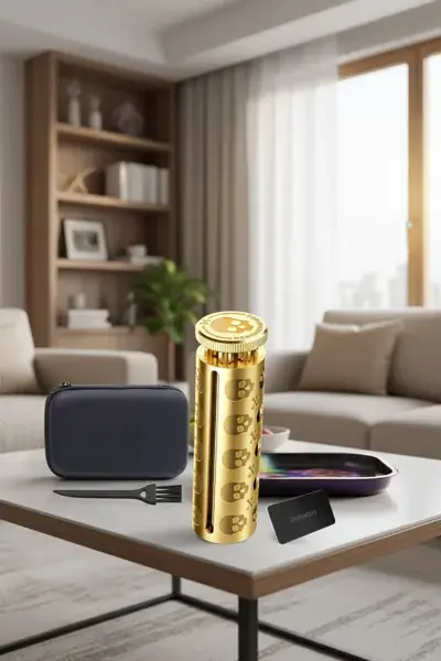 Solid brass cylindrical cigarette rolling machine with case and brush