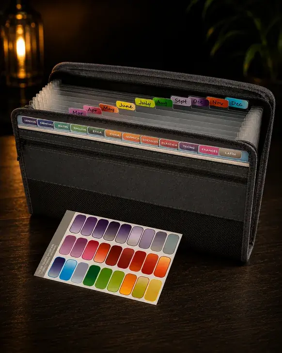 An open black zippered accordion document folder on a dark wooden table, its colored index tabs fanned out, with a sheet of blank colored labels in front