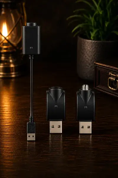 Two threaded USB charging adapters and a short charging cable arranged together