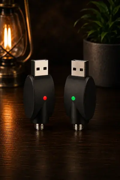 Two small threaded USB charging adapters lying side by side