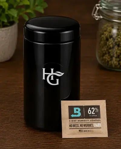UV glass storage jar with a humidity control pack beside it